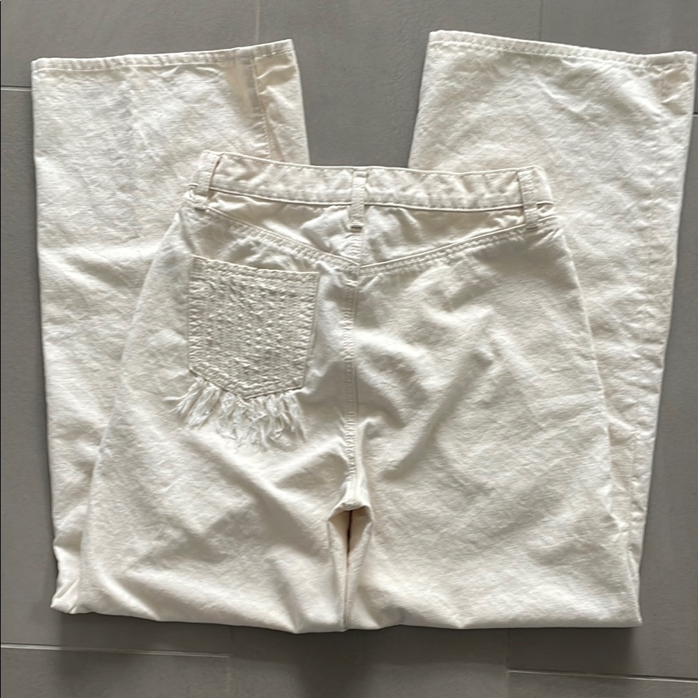 Tory Burch high waist wide leg, Caroline Cream jeans with Fringe Detail